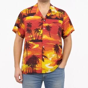 Vintage Kai Nani Shirt Mens Large Red Yellow Hawaiian Palm Tree Sunset 80s USA